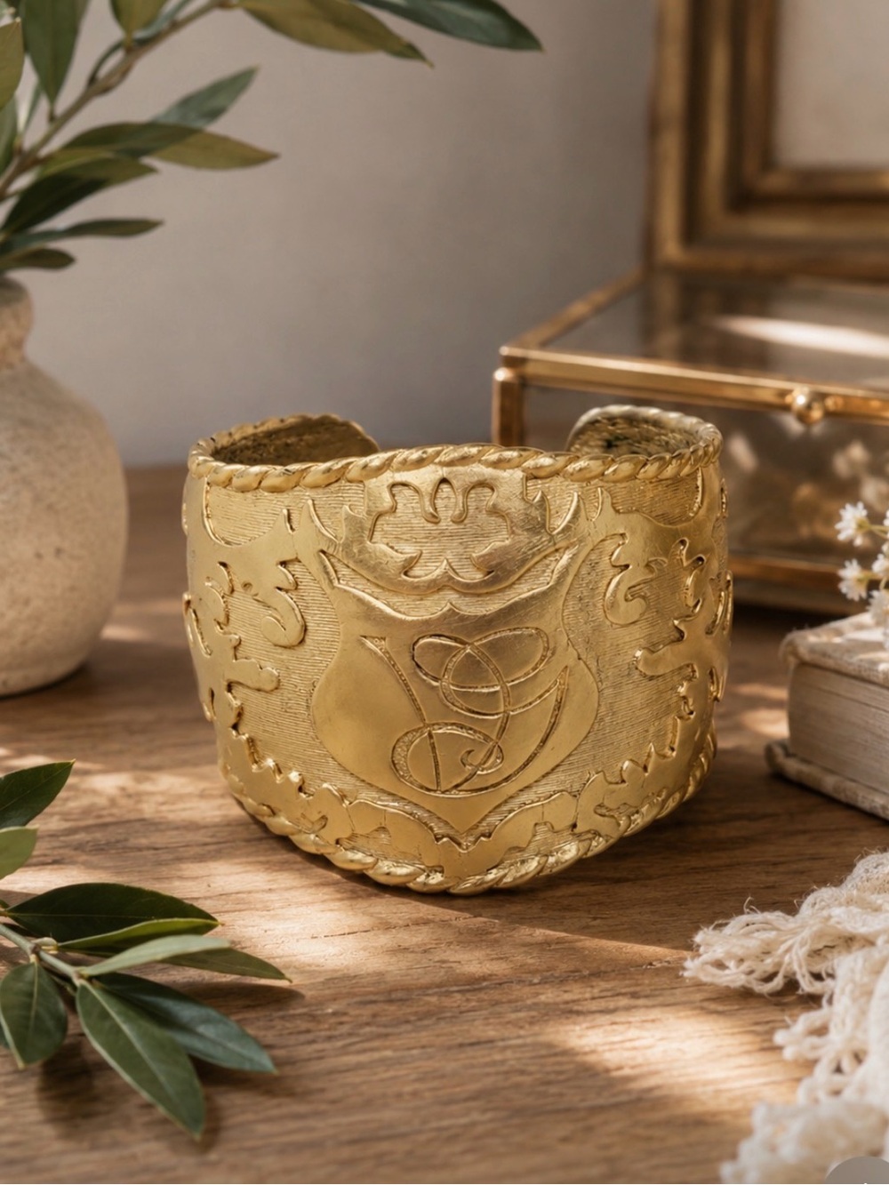 VALENTINO Garavani Vintage Monogrammed Crest Gold Plated Runway Cuff Bracelet